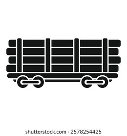 Black silhouette of a logging train waggon carrying wood cargo, isolated on a white background