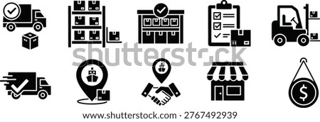 Black Silhouette Logistics and Supply Chain Icon Set Featuring Delivery Trucks Warehouse Shelves Handshake Agreement Retail Store and Price Tags for Commercial Business Services