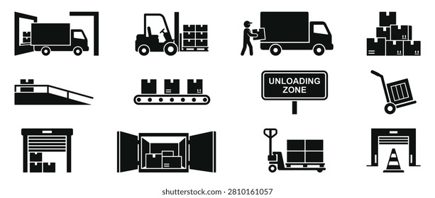 Black silhouette logistics and unloading icons set illustrating various delivery, shipping, and warehouse operations in a clean, graphic style
