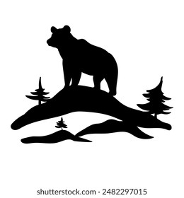 
Black silhouette logo with a bear, bear on the mountain.