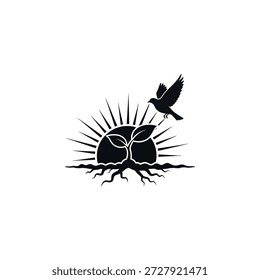 Um logotipo de silhueta preta com um pássaro em voo sobre uma planta com raízes visíveis, situado contra um pano de fundo de raios solares radiantes, simbolizando crescimento e liberdade.