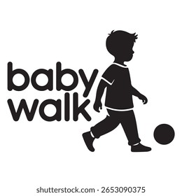 black silhouette logo featuring a child kicking a soccer ball next to the words baby walk. simple and modern design for baby products or services