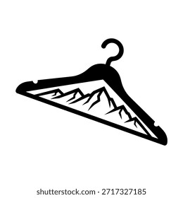 Logo de silueta negra con una percha de ropa con picos de montaña integrados en su diseño, que simboliza una conexión entre la moda y la naturaleza o la ropa de exterior.