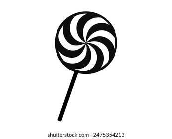 Black silhouette of a lollipop with a swirled pattern. Isolated on white background. Sweet candy icon in a minimalist style. Concept of confectionery, dessert, festive treat. Print, design element.