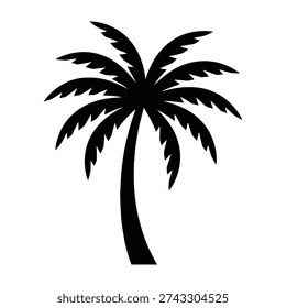 Black silhouette of a lone palm tree with a curved trunk and detailed fronds standing tall against a white background