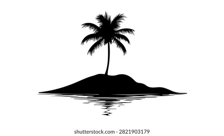 Black silhouette of a lone palm tree on a small island with water reflection, minimalistic and tropical scene, isolated on a white background.