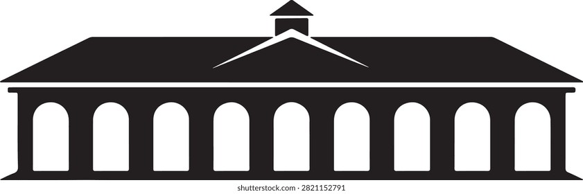 Black silhouette of a long building with arched windows and a central cupola on a white background for