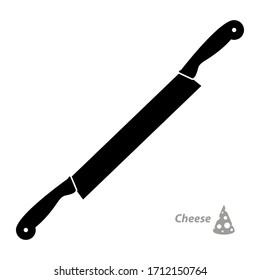 Silueta negra de un cuchillo largo con dos asas para el queso. Símbolo, aparato de cocina. Logo, signo. Estilo plano 