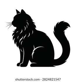 A black silhouette of a long-haired cat sitting and looking to the left with whiskers and a bushy tail