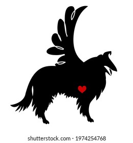 The black silhouette of a longhaired Collie with heart and wing , T-shirt decoration, greeting card for Valentine's Day, Tattoo