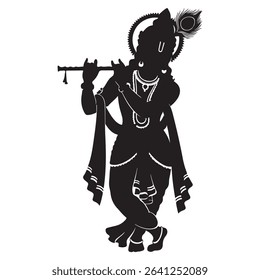 a black silhouette of lord krishna playing the flute, adorned with a peacock feather and traditional indian jewelry on a white background.