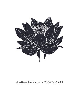 Black silhouette of lotus flower isolated on white background. Hand drawn floral linocut design