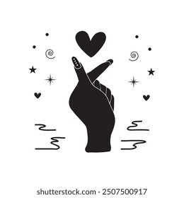 Black silhouette love hand gesture icon with long nails, heart shape and textures on white background poster