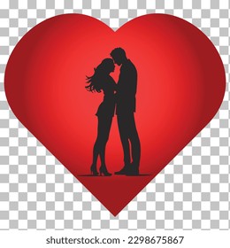 Black silhouette of lovers man and woman embracing on a transparent background.