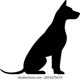 Black silhouette of a loyal sitting dog isolated on white background