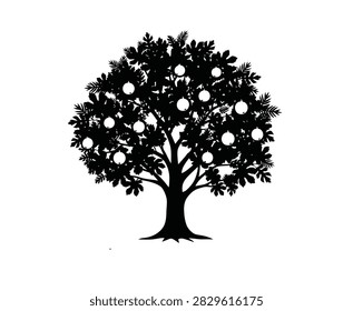 A black silhouette of a lush fruit tree, laden with round, ripe fruits, set against a white background.
