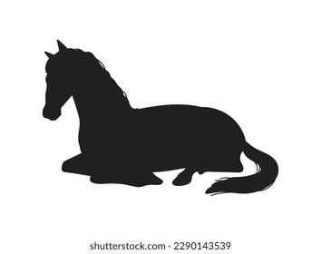 Silueta negra de estilo plano de caballo tumbado, ilustración vectorial aislada en fondo blanco. Animal de granja de rendimiento, elemento decorativo de diseño, mascota elegante con cola y mané