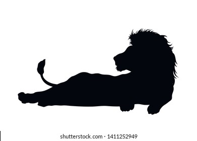 Black silhouette of lying lion on white background. Isolated icon of wild cat. African animals. Vector illustration 