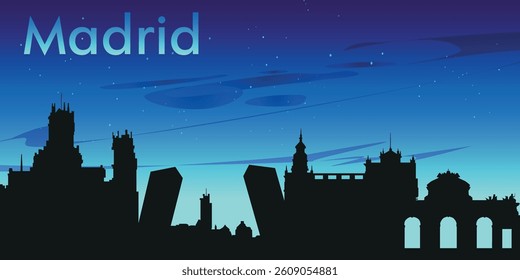 Black silhouette of the Madrid skyline against the background of a dark blue sky with clouds