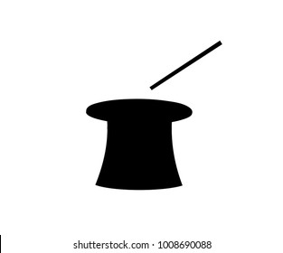 Black silhouette of magic cylinder top hat and wand isolated on white background. Vector illustration, icon, logo clip art for design.