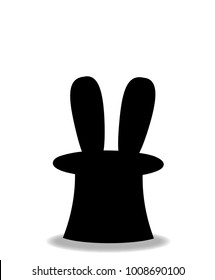 Black silhouette of magic trick rabbit in cylinder hat. Top hat with bunny ears isolated on white background. Vector illustration, icon, logo, sign, symbol, clip art, element for design.