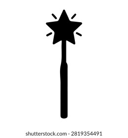 A black silhouette of a magic wand with sparkles and a star at the tip, symbolizing magic, fantasy, and enchantment in a simple design.