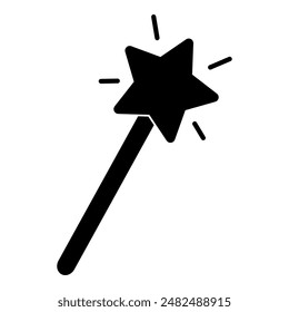 Black silhouette of magic wand with sparkling star on top, glyph icon flat vector