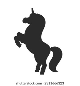 Black silhouette. The magical unicorn reared up. The animal horse stands on its hind legs. Cartoon style. Simple flat vector illustration.