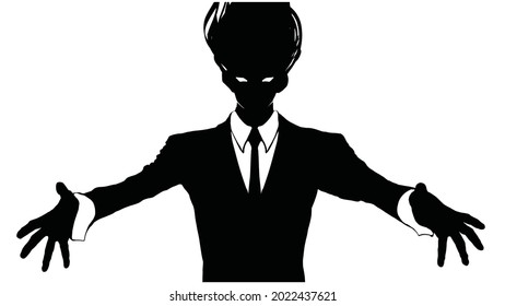 A black silhouette of a magician guy in a jacket and a white shirt with an anime style tie with long hair rising up, he spreads her hands to the sides preparing her 2d spell on a white background