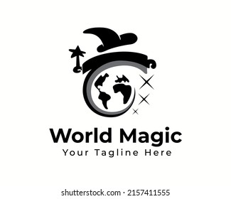 black silhouette magicians around the world, earth, globe logo icon symbol template illustration inspiration