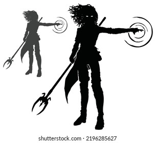 The black silhouette of a magician's girl, she stands with her arm outstretched forming magic and a beautiful staff in the other, her hair is dreadlocks fluttering in the wind. 2d vector art