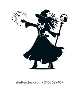 The black silhouette of a magician's girl, she stands with her arm outstretched forming magic and a beautiful staff in the other, her hair is dreadlocks fluttering in the wind. Black 2D