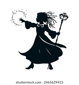 The black silhouette of a magician's girl, she stands with her arm outstretched forming magic and a beautiful staff in the other, her hair is dreadlocks fluttering in the wind. Black 2D