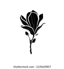 Black silhouette of magnolia flower on white background. Graphic drawing. Vector illustration.