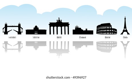 Black Silhouette Of Main European Landmark With Reflection.