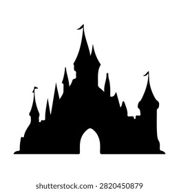 A black silhouette of a majestic castle with multiple spires and an arched entrance, evoking a fairy tale or fantasy theme.