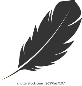 Black Silhouette of Majestic Feather. Isolated on White Background. Vector Illustration