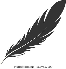 Black Silhouette of Majestic Feather. Isolated on White Background. Vector Illustration