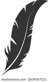 Black Silhouette of Majestic Feather. Isolated on White Background. Vector Illustration