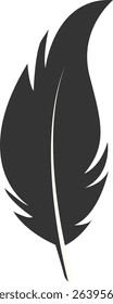Black Silhouette of Majestic Feather. Isolated on White Background. Vector Illustration