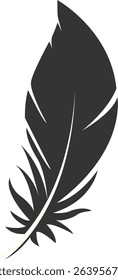 Black Silhouette of Majestic Feather. Isolated on White Background. Vector Illustration