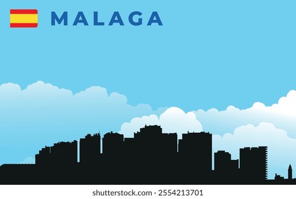 Black silhouette of Malaga city skyline with text and flag. Vector on the background of blue sky and white clouds