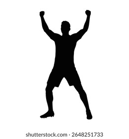 Black silhouette of a male athlete celebrating a win against a white background The vector illustration shows a player with arms raised in a triumphant pose.