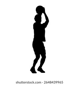 A black silhouette of a male basketball player in action, captured in the moment of shooting the ball. Isolated on a clean white background. Ideal for sports-related designs, graphics.