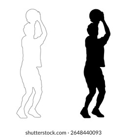 A black silhouette of a male basketball player in action, captured in the moment of shooting the ball. Isolated on a clean white background. Ideal for sports-related designs.