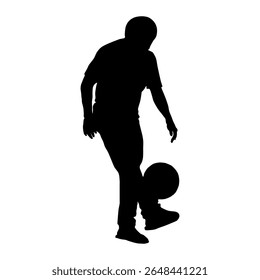 A black silhouette of a male football (soccer) player expertly juggling the ball. Isolated on a clean white background. Perfect for sports-themed designs and illustrations.
