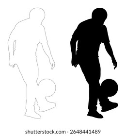 A black silhouette of a male football (soccer) player expertly juggling the ball. Isolated on a clean white background. Perfect for sports-themed designs and illustrations. vector illustration.