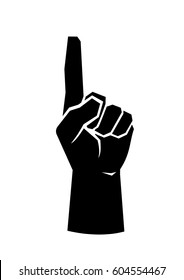 Black silhouette of a male hand with one finger pointing up and a white background also white lines defining fingers and thumb. Symbol used to indicate direction, number one. Simple basic illustration
