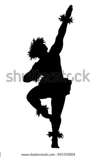 A black silhouette of a male Hula dancer on a\
white background