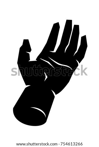 Black silhouette of a male open hand palm up, fingers extended. White hand lines on an empty hand drawn in perspective. Symbol of clarity, honesty, openness, friendship. Simple, basic illustration.

